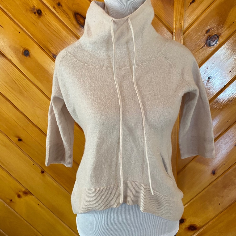 Ibex Lambswool Cashmere Funnel Neck Sweater Short Sleeve Beige Medium